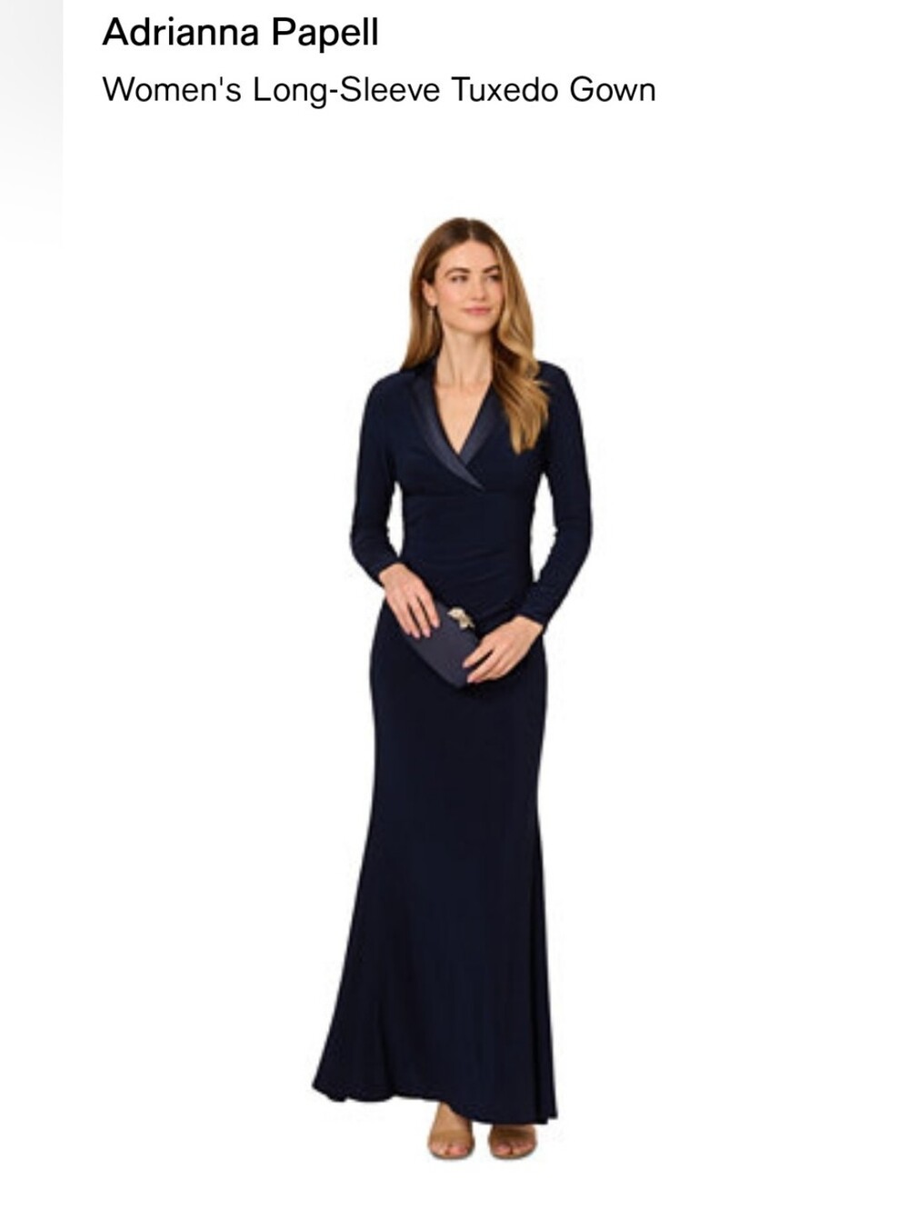 Adrianna Papell Navy Long-Sleeve Wrap Tuxedo Gown with Shawl Collar